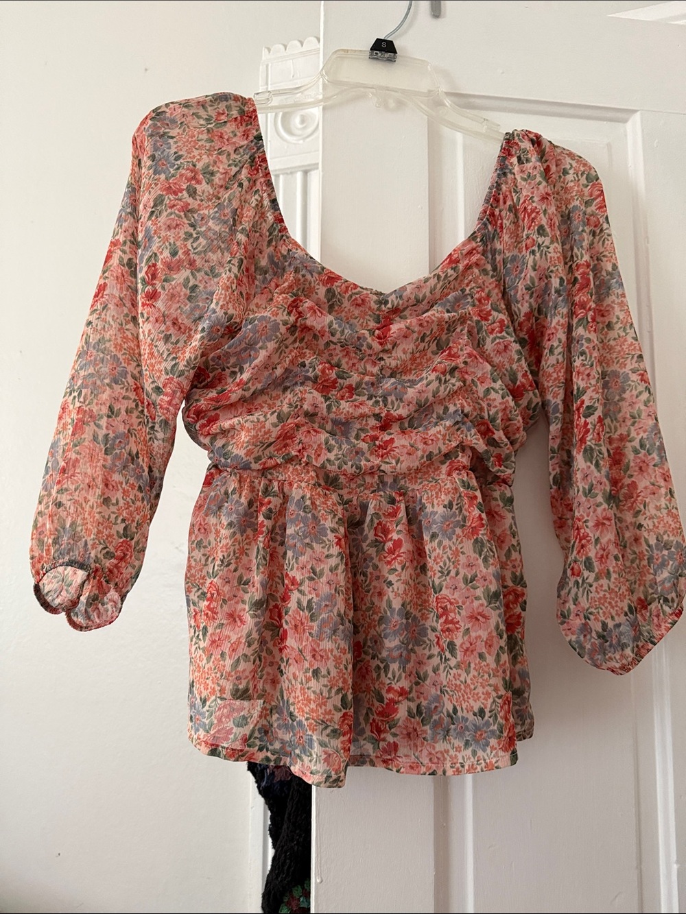 American Eagle Outfitters Floral Sheer Peasant Blouse - Pink, Blue